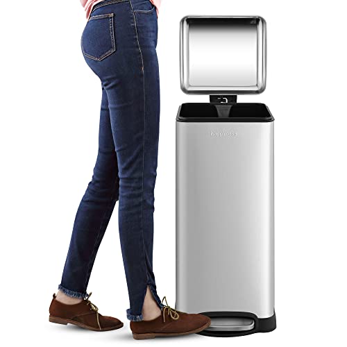 happimess Betty 8 Gal Step Trash Can Soft-Close Lid, Platinum Silver | Fingerprint Resistant, Removable Liner, Semi-Rectangular, Steel Pedal, Iron Powder Coated, 27" Height, Non-Skid Base - color: Chrome