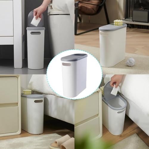 Slim Bathroom Trash Can with Press Top Lid, 2.1 Gallon Slim Garbage Can Bathroom with Press Top Lid, White Rectangular Trash Bin Waste Basket for Toilet, Bedroom, Camper (Gray)