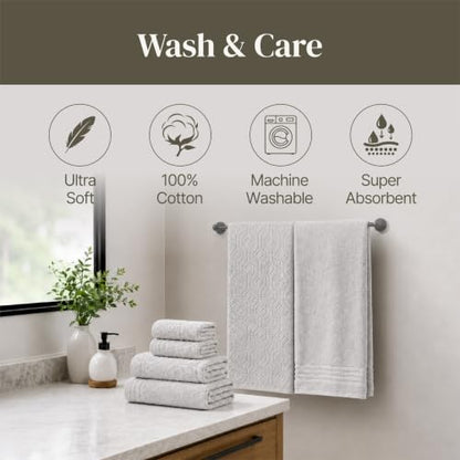 Modern Threads 6 Piece Cotton Bath Towel Set – Ultra Soft 550 GSM Towels – Bathroom Set with Hand Towels and Washcloths – Geometric (Silver Cloud) - color: Silver Cloud, style: Geometric