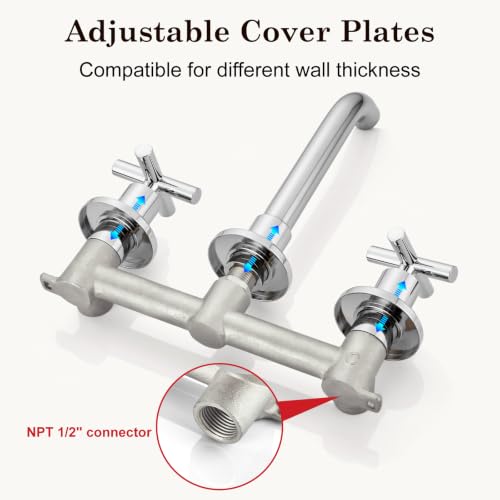 Midanya Wall Mount Bathroom Faucet 3 Hole 2 Cross Handle,Polish Chrome | SUS304 Stainless Steel,Rough-in Valve Included,360° Swivel Spout,for Bathroom Sink,Vanity - color: Polish Chrome