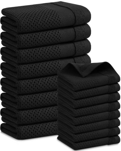 Homaxy Kitchen Towels and Dishcloths Set, Set of 16, Black | 100% Cotton Waffle Weave Kitchen Towels, Super Soft and Absorbent Dish Cloths, 12 x 12 and 13 x 28 Inches - color: Black, size: 16-Piece Set