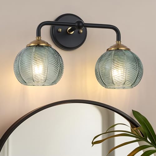 Mecgirn Bathroom Vanity Light Fixtures, 2-Light Green Glass Shade, Modern Black and Gold Wall Sconce, Unique Textured Leaf Pattern, Ceramic E26 Sockets Wall Mounted for Mirror, Cabinet, Hallway - color: Green, size: 2 Light