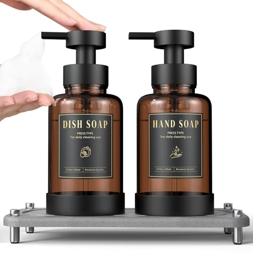 Luxspire 15oz Glass Foaming Soap Dispenser Set, Amber + Dark Gray, 2 Pack | Anti-drip pump, wide mouth easy refill, non-slip silicone base, 7 waterproof labels, refillable glass for hand dish soap - color: Brown