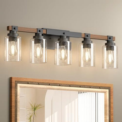 Amico 5-Light Farmhouse Bathroom Vanity Light, Seeded Glass, Black & Wood | Bubble Glass Shade Wall Sconce, Over Mirror Lighting for Bathroom, Bedroom, Living Room, Hallway, Powder Room, Entryway - size: 5-Light