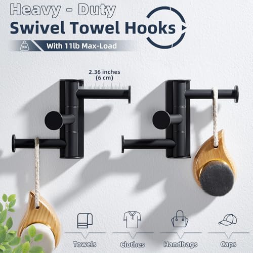 Matte Black 3-Arm Swivel Towel Hooks, 2 Pack, 304 Stainless Steel | Rustproof Rotating Wall Hooks for Bathroom Kitchen Closet, Heavy Duty 11 lbs, Smooth 180° Rotatable & Foldable, Wall Mounted - color: Matte Black, size: 2 Pack