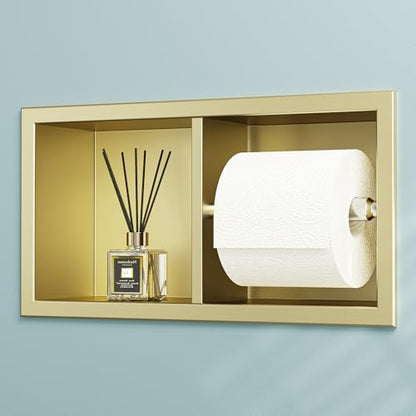 Neodrain Gold Dual Roll Recessed Toilet Paper Holder,for Standard/Mega Roll | 304 Stainless Steel, Hidden In-Wall, Simple Loading and Unloading, Space-Saving for Modern Bathrooms & RV - color: Gold