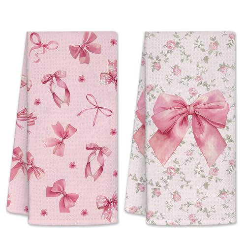 Pink Bow Kitchen Towels, Bow Hand Towels for Bathroom, Pink Bow Gifts for Women, Bow Decor, Hand Tea Towels, Waffle Dish Towels for Birthday Christmas Thanksgiving Day 26x17 inch, 2 Pack - color: Bogen-pink