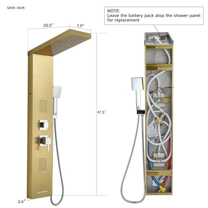 5-in-1 LED Shower Panel Tower System Stainless Steel Gold | Rainfall head | 2 massage jets | Handheld shower | Tub spout | LED lights | Wall mount - color: Gold