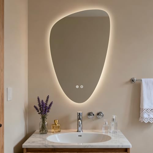 HOMECOOKIN LED Irregular Bathroom Mirror with Lights, 20 x 31 Inch Asymmetrical Backlit LED Vanity Mirror for Wall, Anti Fog Mirror for Bathroom, 3 Colors and Dimmable Light, Horizontal/Vertical - size: 31"L x 20"W