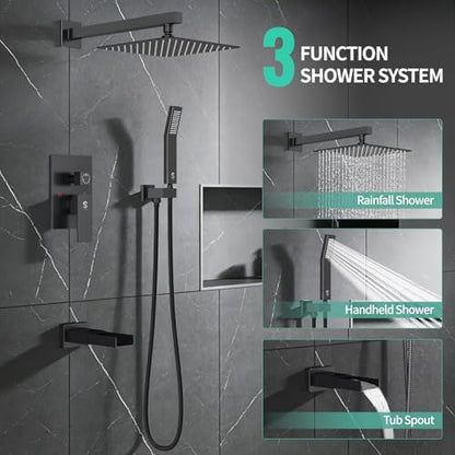 SR SUN RISE 10 Inch All Metal Square Shower System with Tub Spout, Tub Shower Faucet Set, High Pressure Rain Shower Head and Handheld Sprayer Shower Fixtues, Valve Included, Matte Black - color: Matte Black, size: 10 Inch