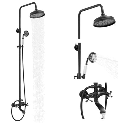 Homevacious Matte Black Outdoor Shower Kit Exposed Shower | 8 Inch High Pressure Rain Shower Head with Hand Spray Bathroom Shower Faucet System Double Knobs Cross Handle 3-function - color: Matte Black, style: 3-Function