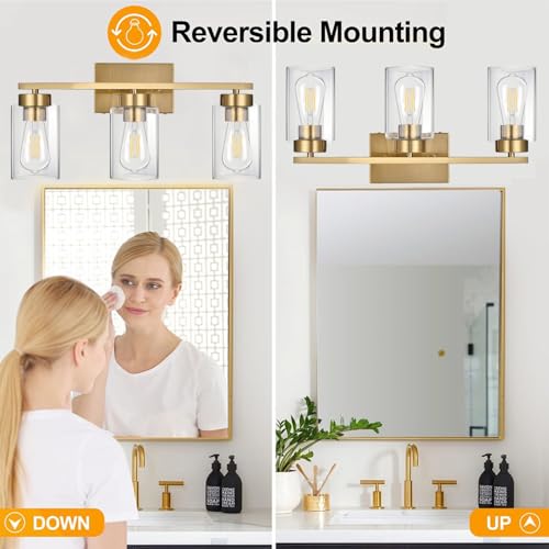 3-Light Bathroom Vanity Light, Modern Brushed Gold Wall Lights with Clear Glass Shades, Bathroom Wall Sconce Lamp for Mirror Living Room Bedroom Hallway - color: 3 Light Gold-Small