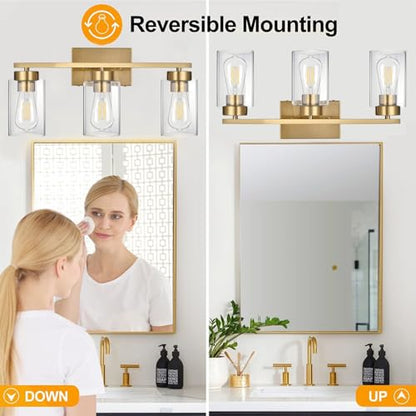 3-Light Bathroom Vanity Light, Modern Brushed Gold Wall Lights with Clear Glass Shades, Bathroom Wall Sconce Lamp for Mirror Living Room Bedroom Hallway - color: 3 Light Gold-Small