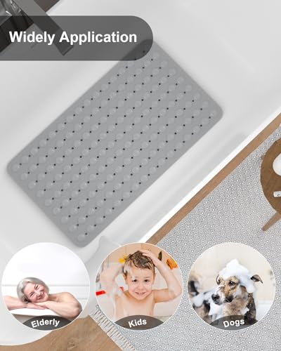 Bath Mat for Tub Shower Mat Non Slip Kids Rubber Shower Tub Mat, 100% Natural Rubber no Plastic Odors Perfect for Baby and Elder, Strong Suction Cups, Textured Mat Surface, 28 X 16 inches, Grey - color: Grey With Drain Holes