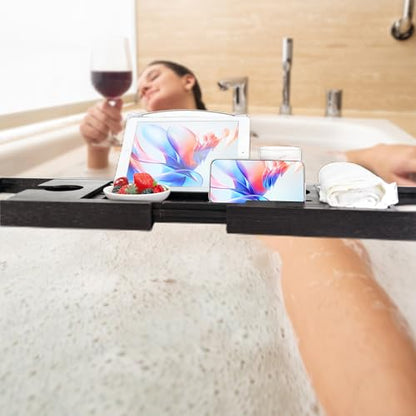 Utoplike Bamboo Bathtub Tray Caddy, Black Bath Tray Table for Tub | Adjustable Bathroom Organizer for Tub with Book Tablet, Wine Glass Cup, Towel Holder - color: Black