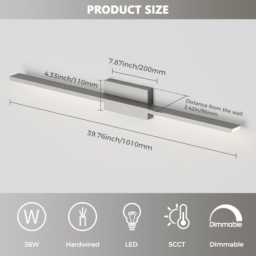 JUSHENG Brushed Nickel Vanity Lights 5CCT Dimmable Vanity Light Bar LED Bathroom Light Fixtures 39.37'' Inch 36W - color: Brushed Nickel-5CCT, size: 39.76'' Long-Dimmable