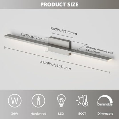 JUSHENG Brushed Nickel Vanity Lights 5CCT Dimmable Vanity Light Bar LED Bathroom Light Fixtures 39.37'' Inch 36W - color: Brushed Nickel-5CCT, size: 39.76'' Long-Dimmable