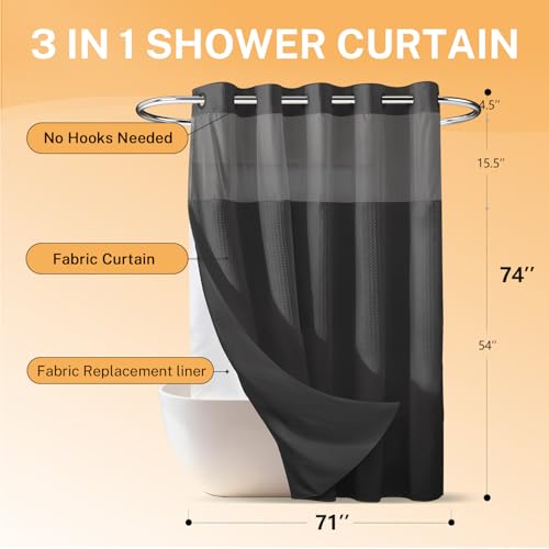 River Dream No Hooks Shower Curtain with 2 Snap in Liner, Dark Grey, 71x74 | Waffle Weave, 1 Attached Snap in Liner and 1 Extra Replacement Liner, Bathroom Curtains Shower Set, Hotel Grade, Spa Like - color: Graphite Grey