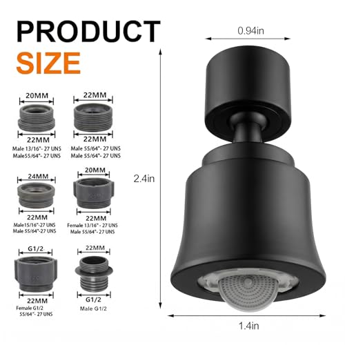 Metal Swivel Sink Faucet Aerator Extender for Kitchen Bathroom | 360° Swivel Faucet Nozzle with 55/64'' Female Thread, Dual Modes Sink Sprayer Attachment, Anti-clogging Design, Black - color: Black