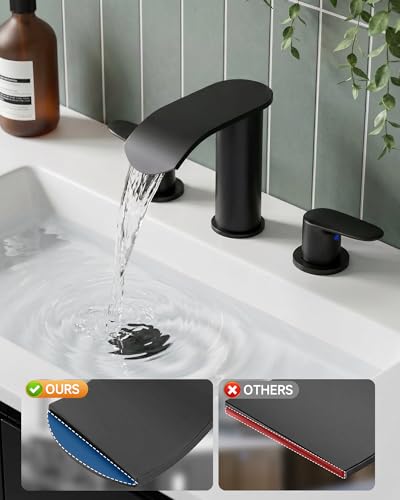 WOWOW Waterfall Bathroom Faucet 3 Hole: 8 Inch Widespread Bathroom Sink Faucet, Matte Black Bathroom Faucet Two Handles Lavatory Vanity Sink Faucets with Pop-up Drain & Supply Hoses - color: Matte Black