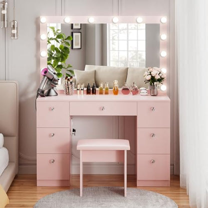 VOWNER Vanity with Lighted Mirror - Makeup Vanity Desk with Glass Top, 7 Drawers and Power Outlet, 3 Color Lighting Modes Adjustable Brightness, 44" Vanity Table with Stool for Women Girls, Pink - color: Pink