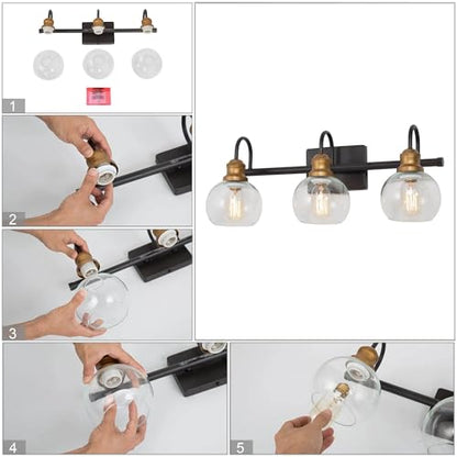 KSANA Farmhouse Bathroom Light Fixture, Modern Black Gold 3-Light Vanity Light with Opening Clear Glass Shade, Modern Antique Brass Wall Lamp Over Mirror - color: Black Gold, size: 3-Light Opening Bathroom Vanity Light