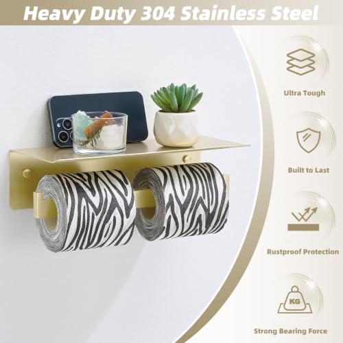 Brushed Gold Double Toilet Paper Holder with Shelf, 304 Stainless Steel Wall Mount Tissue Roll Holder for Bathroom - color: Brushed Gold, size: Double Rod