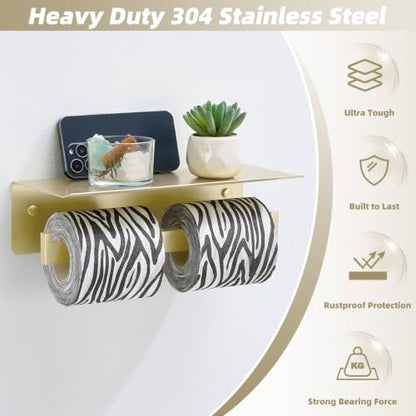 Brushed Gold Double Toilet Paper Holder with Shelf, 304 Stainless Steel Wall Mount Tissue Roll Holder for Bathroom - color: Brushed Gold, size: Double Rod