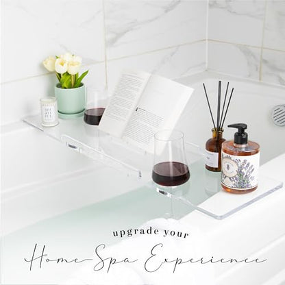 36" Supreme Plus- Luxury Bathtub Tray Caddy- 3/8" Thick, Clear Bath Tub Tray Table for 1 or 2 Bathers, Acrylic Bathtub Caddy, iPad and 2 Wine Glass Holders (Supreme Plus, 36") - size: 36" x 9" x 1.5"