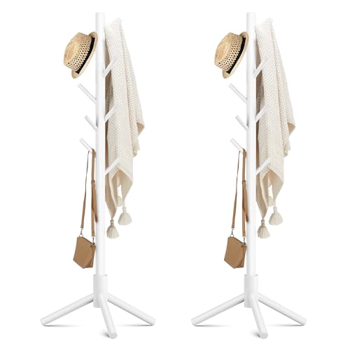 Wooden Coat Rack Free Standing with 8 Hooks 3 Adjustable Coat Tree,2 PCS | New Zealand Pine Coat Standing Tree Easy Assembly for Coats, Hats, Scarves and Handbags for Entryway,2 PCS - color: White, size: 2 PCS