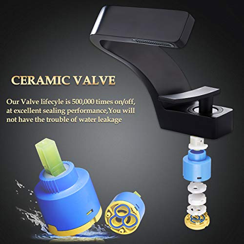 becola Bathroom Sink Waterfall Faucet,Solid Brass Single Handle Hot and Cold Water Mixer Tap, Lavatory Vanity Sink Faucet Including Two US Standard 3/8" Hoses (Matte Black) - color: Black