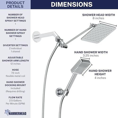 HammerHead® Solid Metal Dual Shower Head Combo — 8" Square Rain Shower Head with Handheld, 12" Adjustable Arm & Wall-Mount Holder for Flexible Installation — Chrome