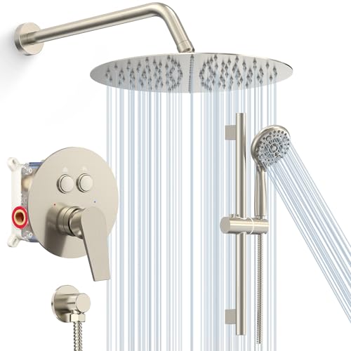 SR SUN RISE Shower System: 10 Inch Rainfall Shower Head with Handheld Combo Set - Slide Bar Bathroom Shower Faucet Set Wall Mounted (Valve and Trim Kit Included) - Brushed Nickel - color: Brushed Nickel