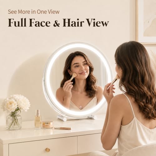 ROLOVE 18 Inch Makeup Mirror with Lights, Large Round Vanity Mirror for Tabletop Desk, Smart Touch Dimmable LED, 360° Rotation, White, Gifts for Women, Wife, Mom, Girls - size: 18"L x 18"W