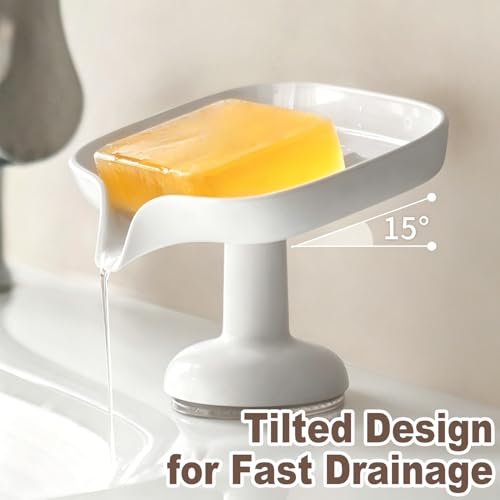 1PCS Self Draining Soap Dish with Suction Cup, Soap Holder for Shower, Bathroom, Sponge Holder for Kitchen Sink, Removable No Damage Stand Bar Soap Tray with Drain Spout Keeps Clean & Dry, White