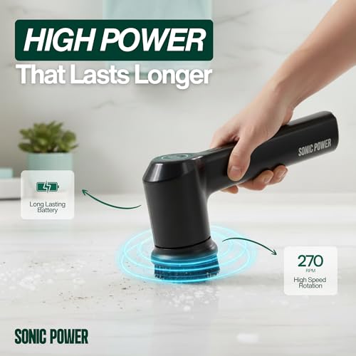 SonicPower Electric Spin Scrubber – Handheld & Ergonomic, IPX7 Waterproof, 4 Multi-Purpose Brush Heads, Long-Lasting Rechargeable Battery – Cleans Dishes, Bathroom, Tile, Grout & Kitchen (Black) | IPX7 Waterproof, 4 Interchangeable Heads, Soft Corner, Sco