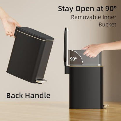 KSSKSS Small Bathroom Trash Can with Lid Soft Close, Step Pedal, 6L / 1.6 Gal Stainless Steel Garbage Bin with Removable Inner Bucket, Slim Wastebasket for Narrow Spaces (Black) - color: Black--P