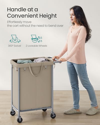 SONGMICS Laundry Basket with Wheels, 2-Section Rolling Laundry Hamper, 37 Gallons (140 L), Removable Liner, Steel Frame with Handle, 27.2 x 15.4 x 31.9 Inches, Camel Brown URLS004N01 - color: Camel Brown, size: 140 L (2-Section)