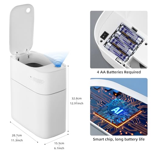 JUDRDO 3.5 Gal Slim Touchless Bathroom Trash Can, Automatic Diaper Pail | Motion sensor opening, automatic liner suction, slim profile for bathrooms, bedrooms, offices, kitchens and nurseries - color: White-n21