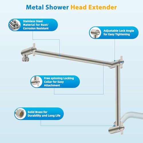 All-Metal 20" Shower Head Extension Arm, G1/2" Universal, Brushed Nickel | Flexible Brass Shower Extender Height/Angle Adjustable for Tall People, Stainless Steel Shower Pipe Extended with Lock Joint - color: Brushed Nickel, size: 20 Inch