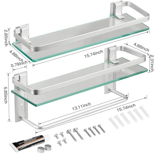 Glass Bathroom Shelf 15.7in Bathroom Shelf Wall Mounted Floating Glass Shelves with Towel Holder Glass Shelf for Bathroom 2 Tier (Sliver) - style: 2 tier with towel bar silver