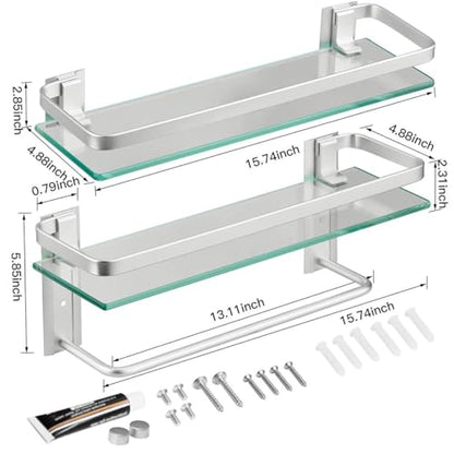 Glass Bathroom Shelf 15.7in Bathroom Shelf Wall Mounted Floating Glass Shelves with Towel Holder Glass Shelf for Bathroom 2 Tier (Sliver) - style: 2 tier with towel bar silver