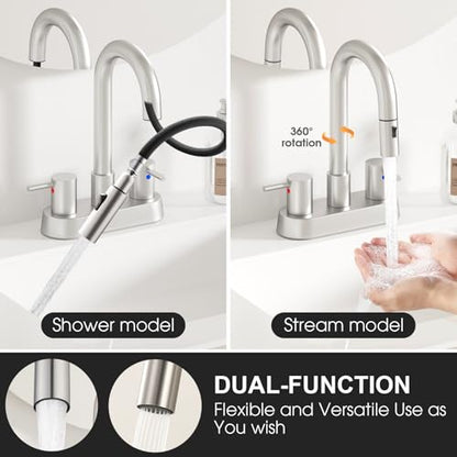 Stainless Steel Brushed Nickel Bathroom Faucet with Pull Out Sprayer, Dual-Function Spout Bathroom Sink Faucets, 4 Inch Two Handle Utility Sink Faucet with Sprayer 3 Hole, Pet Shower, RVs - color: Brushed Nickel