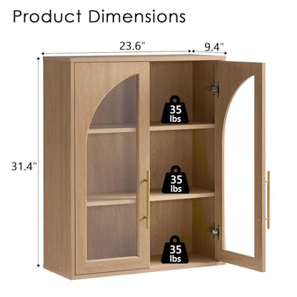 Bathroom Wall Cabinet, 23.5×31.4'' Storage Cabinet, Arched Cabinet Wall Mount with Adjustable Shelf & Glass Doors, Medicine Cabinet for Laundry Room, Bathroom, Kitchen, Living Room,Natural Oak - color: Natural Oak