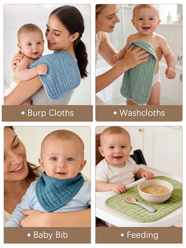 Lovely Care 12 Pack Muslin Burp Cloths 100% Cotton Muslin Cloths Large 20''x10'' Extra Soft and Absorbent Baby Burping Cloth - Sage, Teal and Blue - color: Sage, Teal and Blue, size: 10x20 Inch (Pack of 12)