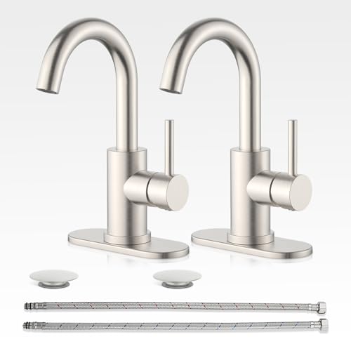 Bathroom Faucets, Single Handle Faucet for Bathroom Sink w/Deck Plate(1 or 3 Hole) and Pop-up Drain, Brushed Vanity Sink Faucet with 360° Swivel Gooseneck Spout, 2 Sets - color: 2.Brushed, style: 2 PCS