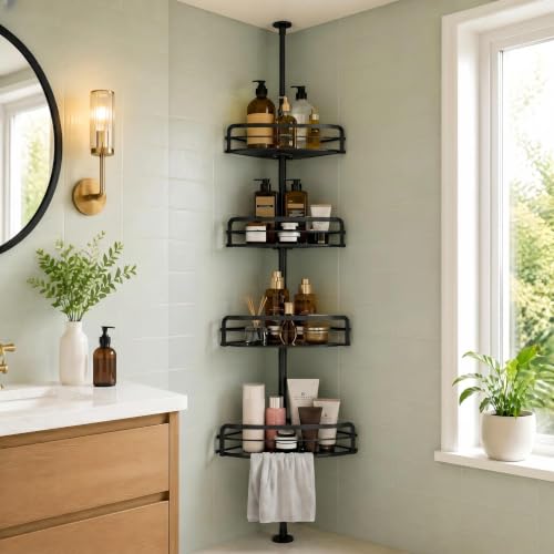 BOXIN Corner Shower Caddy Tension Pole, Black