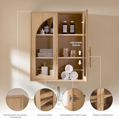 Bathroom Wall Cabinet, 23.5×31.4'' Storage Cabinet, Arched Cabinet Wall Mount with Adjustable Shelf & Glass Doors, Medicine Cabinet for Laundry Room, Bathroom, Kitchen, Living Room,Natural Oak - color: Natural Oak