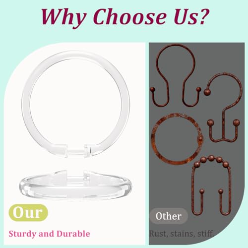 Kutesna 48PCS Shower Curtain Hooks,Clear Plastic Shower Curtain Rings | O Shape Shower Hooks,Easy to Snap Closure,Rust Proof Anti-Drop,Smooth Sliding Curtain Hooks for Bathroom Shower Rods Curtains