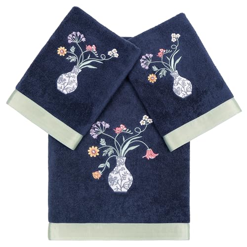 Floret 3-Piece Towel Set, Applique Flower & Vase Design, 100% Turkish Cotton, Ultra Absorbent & Soft, Cottage Style Decor, 1 Bath 2 Hand Towels, Marine - color: Marine, size: 1 Pc Bath 2 Pcs Hand Towel